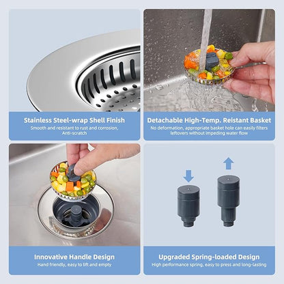 Hibbent Universal 3 in 1 Kitchen Sink Drain Strainer with Sink Stopper, Stainless Steel Wrapped Shell, SUS304 Anti-Clogging Basket Strainer, Fit for US Standard 3-1/2" Drain, Stainless Steel