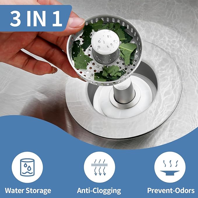 Kitchen Sink Drain Strainer,Stainless Steel 3-in-1 Pop-up Sink Stopper with Sealing Ring, Anti-Clog & Odor-Proof Drain Filter, Fits 3-1/2 Inch Sink Drain Holes, Easy Installation-2pc
