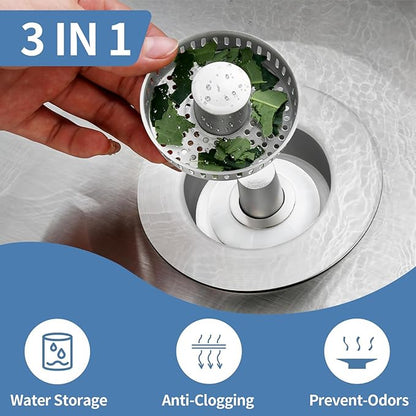Kitchen Sink Drain Strainer,Stainless Steel 3-in-1 Pop-up Sink Stopper with Sealing Ring, Anti-Clog & Odor-Proof Drain Filter, Fits 3-1/2 Inch Sink Drain Holes, Easy Installation-2pc
