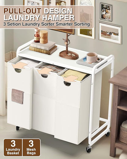 Laundry Sorter 3 Section,Laundry Basket with Wheels,3×15.8 Gal (60L) Laundry Hamper Organizer with Large Wooden Desktop Sorter,Pull-Out and Removable Laundry Bags (Creamy White, 3 Bags - 180L)