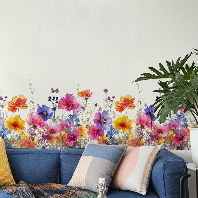 Runtoo Watercolor Flower Wall Corner Stickers Floral Garden Baseboard Skirting Line Wall Decals for Bedroom Nursery Classroom Home Decor (W:40 inches)