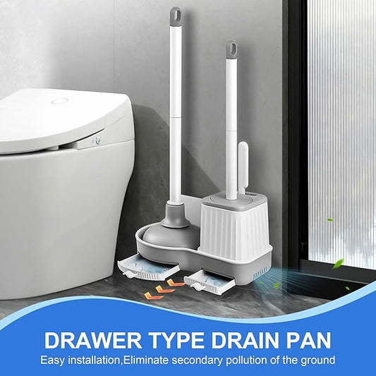 Silkyhose Toilet Brush and Plunger, 3 in 1 Toilet Bowl Brush and Holder with Crevice Cleaning Brush Wall Mounted Household Bathroom Cleaning Tools Combo Set(White-Gray)