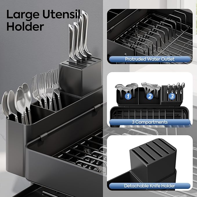 Expandable Dish Rack with Drainboard - Stainless Steel Dish Drainer with Removable Cutlery Tray, Foldable Cup Holder, Elevated Feet, Multifunctional Drainboard for Sink Countertop Kitchen Storage