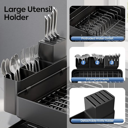 Expandable Dish Rack with Drainboard - Stainless Steel Dish Drainer with Removable Cutlery Tray, Foldable Cup Holder, Elevated Feet, Multifunctional Drainboard for Sink Countertop Kitchen Storage