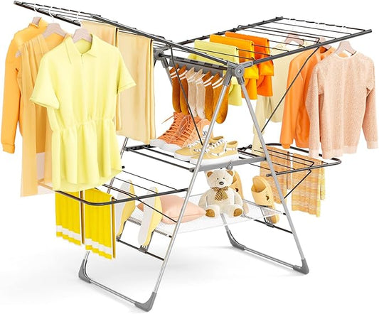 Clothes Drying Rack Foldable, 2-Tier Stainless Steel Heavy Duty Laundry Rack with Adjustable Height Wings, Sock Clips, Space Saving Drying Rack Clothing for Indoor & Outdoor, Apartment, Balcony