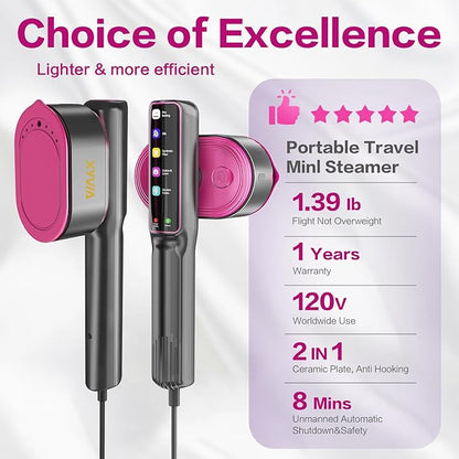 1200W Steamer for Clothes 15-Second Fast Heat-Up 5 Mode LCD Touch Display Portable Handheld Garment Steamer 110ml Tank Wet/Dry Ironing for Travel Home & Business (Carbon Gray Purple)