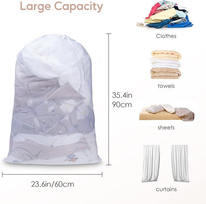 Meowoo Large Mesh Laundry Bag, 24×36inch Heavy Duty Mesh Laundry Bags Drawstring Lockable, Laundry Hamper Liner, Machine Washable, for Travel,Storage, Sports Factories, Dorms, White 2pcs
