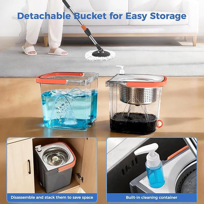 Foldable Spin Mop and Bucket System, Dual-Bucket Cleaning & Stainless Steel Wringing, Collapsible Storage with Detergent Bottle, 2 Reusable Microfiber Mop Heads for Floor Cleaning