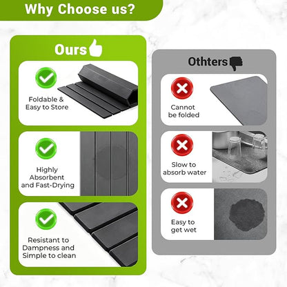 Large Stone Dish Drying Mat for Kitchen Counter, Foldable Diatomaceous Earth Drying Mat, Quick Water Absorbing Eco-Friendly Mat for Dishes, Dark Gray