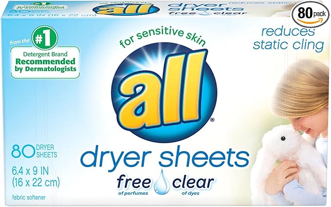 All Fabric Softener Dryer Sheets, Free and Clear, 80 Count