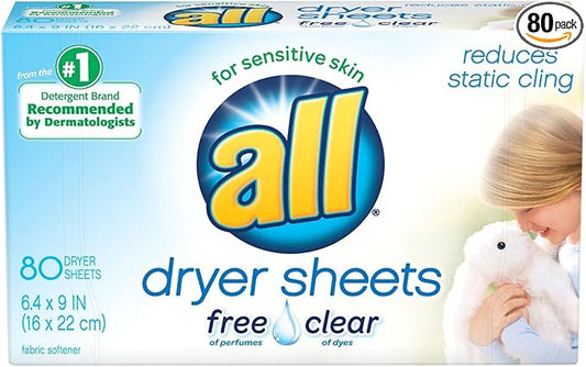 All Fabric Softener Dryer Sheets, Free and Clear, 80 Count