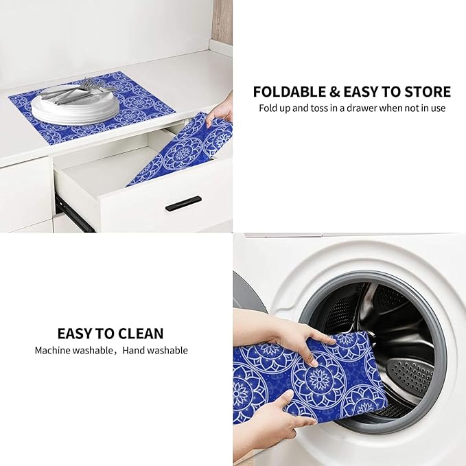 Chinoiserie Blue and White Floral Dish Drying Mats for Kitchen Counter, Absorbent Reversible Washable Microfiber Drying Pad, 16" x 18" Foldable Chinoiserie Kitchen Mat for Dishes & Sink, Home Decor
