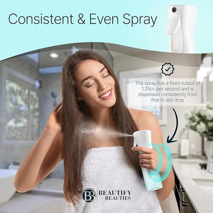 BeautifyBeauties Hair Spray Bottle – Ultra Fine Continuous Water Mister for Hairstyling, Cleaning, Plants, Misting & Skin Care (White, 6.8 Ounces)