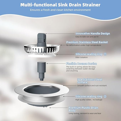 Hibbent Universal 3 in 1 Kitchen Sink Drain Strainer with Sink Stopper, Stainless Steel Wrapped Shell, SUS304 Anti-Clogging Basket Strainer, Fit for US Standard 3-1/2" Drain, Stainless Steel