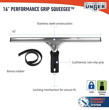 Unger Connect and Clean 16” Performance Window and Glass Cleaning Squeegee with Replacement Rubber, Cleaning Supplies, Heavy Duty Household Cleaner Tools with Streak-Free Results