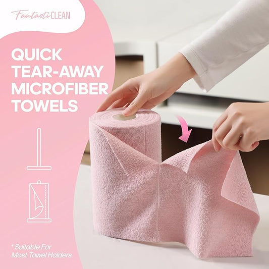 Fantasticlean Microfiber Cleaning Cloth Roll -60 Pack, Tear Away Paperless Towels, 8" x 8", Reusable Washable Rags, for House Kitchen, Pet, Office, Indoor Outdoor, Compact and Portable (Pink)