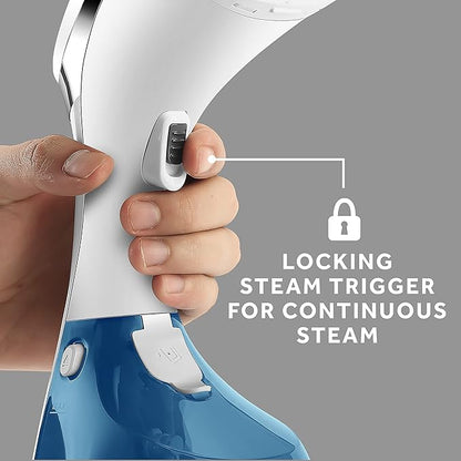 Sunbeam 1200W Power Steam Handheld Steamer for Clothes, Extra Burst of Steam Feature, 30-Second Fast Heat-Up, Bristle Brush Attachment, White and Blue Finish