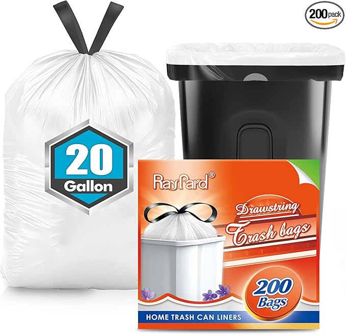 20 Gallon Large Drawstring Trash Bags 200 Counts, Fit 20-21 Gal Trash Can, Heavy Duty Tall Kitchen Garbage Liners, Large Trash Bags Size Chart for Home/Office, Outdoor Lawn & Leaf Bags, White
