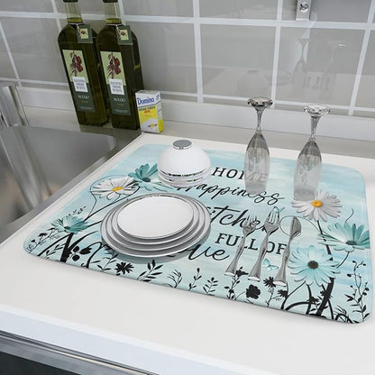 Blue Daisy Dish Drying Mat 18x24 Inch Love Kitchen Absorbent Microfiber Washable Fast Drying Pad Dishes Rack Mat for Kitchen Counter