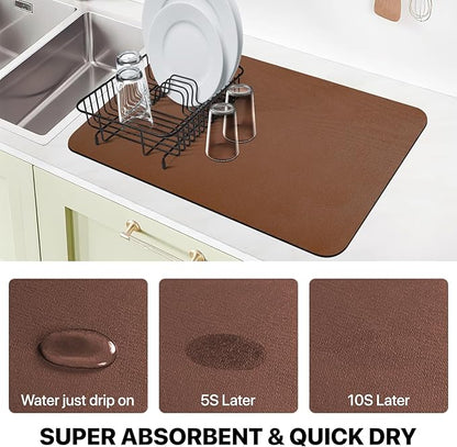 Dish Drying Mat for Kitchen Counter, Coffee Mat with Non-slip Rubber Backed, Hide Stain Absorbent for Kitchen Counter, Fit Under Coffee Maker, Dish Rack,16"x24",Brown