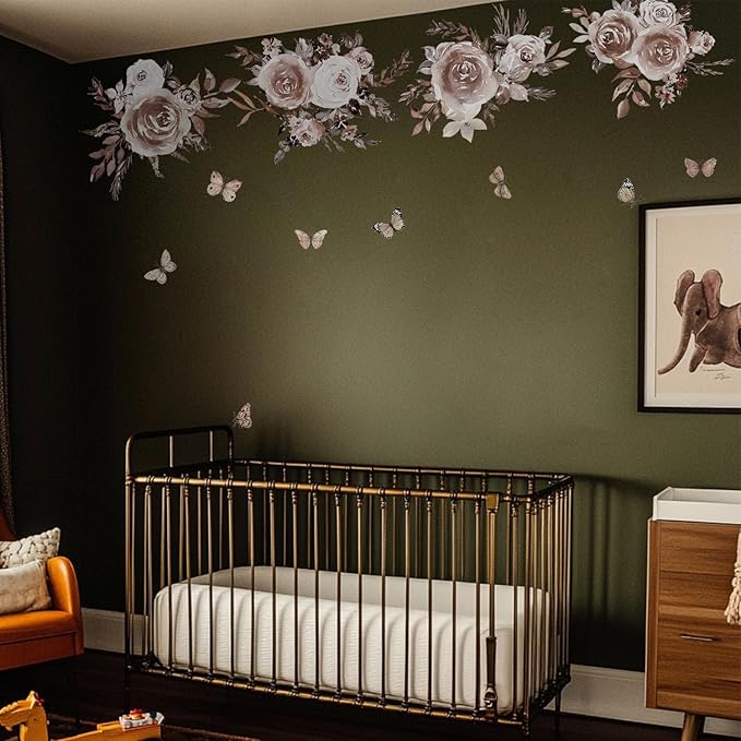 Fabric Peel and Stick Floral Wall Decal, Self-Adhesive Peony Flowers Wallpaper, Rose Sticker for Mother's Day, Mocha Peony