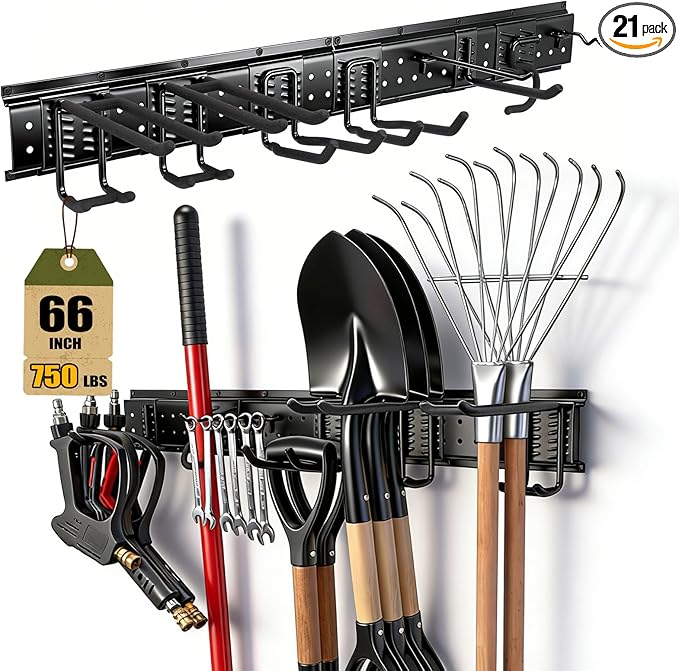 66'' Garage Tool Organizer Wall Mount 21PCS, 750lbs Heavy Duty Garden Tool Organizer with 17 Adjustable Hooks, Yard Tool Hanger for Shovel Rake Broom Ladder, Garage Wall Organization, Men's Gift
