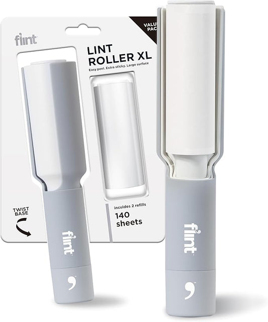 Flint Plus XL Retractable Lint Remover & Pet Hair Roller for Clothes – Refillable & Reusable Lint Roller with 140 Extra Sticky Tear-Off Sheets – Value Pack, Light Grey