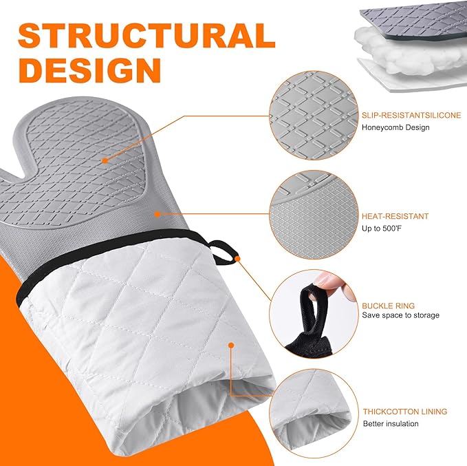 Extra Long Silicone Oven Mitts, Heat Resistant Oven Gloves with Quilted Liner Non-Slip Textured Grip Perfect for BBQ, Baking, Cooking and Grilling - 1 Pair 20 Inch Grey