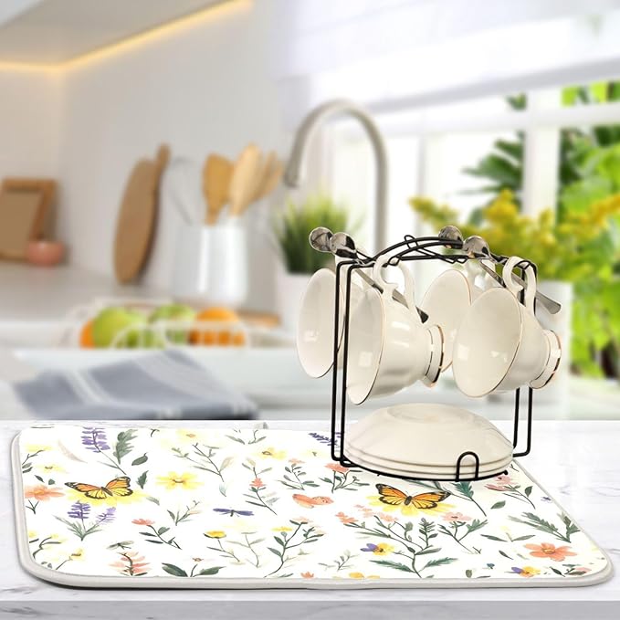 Watercolor Flowers Microfiber Dish Drying Mat Absorbent Dish Draining Mat Large Size 18 x 24 Dishes Drainer Mat for Countertop Dish Drying Pads