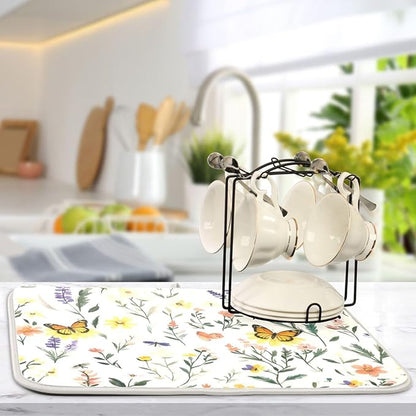 Watercolor Flowers Microfiber Dish Drying Mat Absorbent Dish Draining Mat Large Size 18 x 24 Dishes Drainer Mat for Countertop Dish Drying Pads