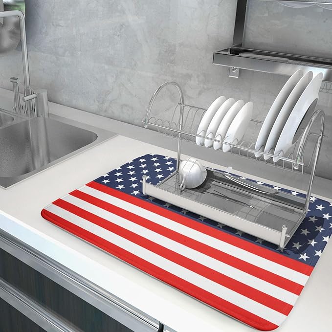 Red Blue Patriotic Star Stripes Dish Drying Mat For Kitchen Counter 4th of July Independence Day American Flag Microfiber Absorbent Drying Mats Reversible Kitchen Countertop Drainer Pad 18x24 Inch