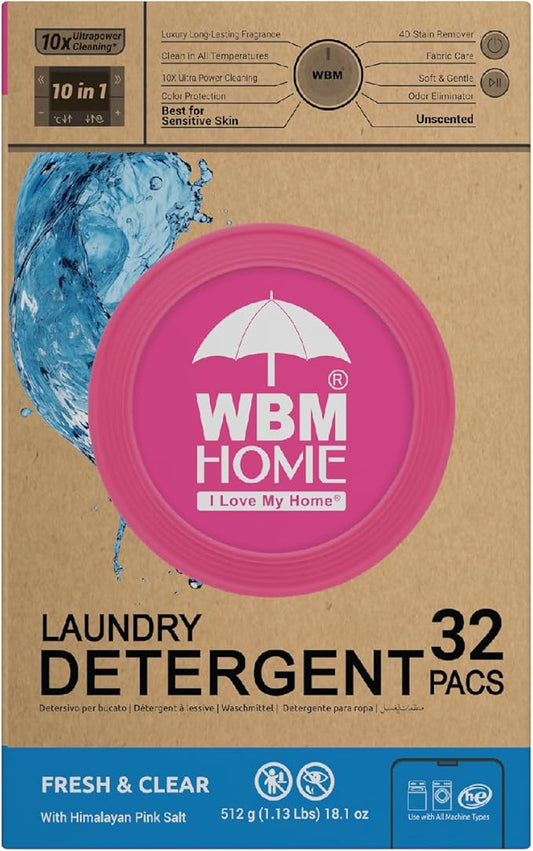WBM Home Laundry Detergent Pods, 32 Count | Fresh & Clear Unscented | Laundry Pods 10x Ultrapower Cleaning With Color Protection and Eco-Friendly Packaging
