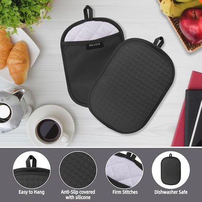 Hovico 2PCS Silicone Pot Holders, Oven Mitts Heat Resistant Hot Pads with Pockets, Non Slip Pot Holder for Kitchen Baking and Cooking| 9.8 x 7 Inches | Towel Cloth Interior Lining - Black