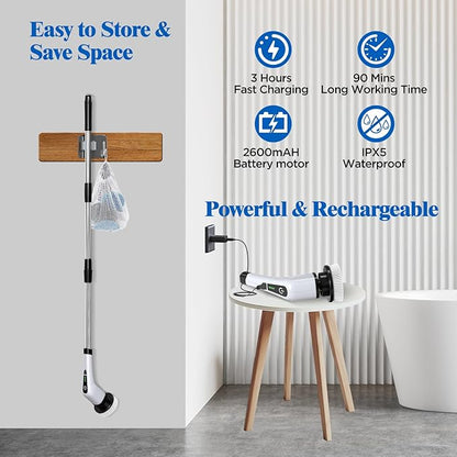 Electric Spin Scrubber, Cordless Bath Tub Power Scrubber with 8 Replaceable Drill Brush Heads, Shower Cleaning Brush with Adjustable Handle for Bathroom, Tile Floor & Car, White, (ANS-8050)
