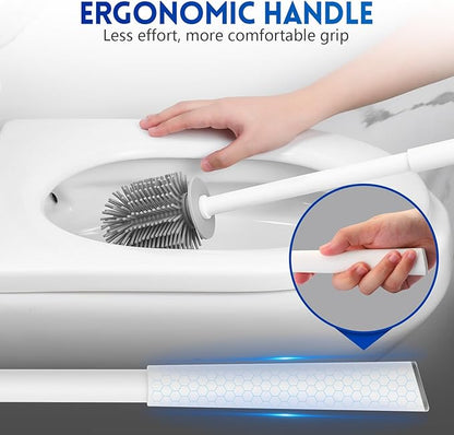 Y-in Hand 2 Pack Silicone Toilet Brush, Soft Toilet Bowl Cleaner Brush Set for Deep Cleaning. Bathroom Accessories with Long Handle, Wall mountable. - White