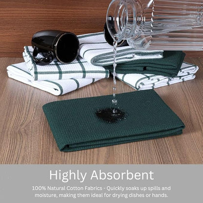 Assorted Waffle Kitchen Towels 100% Cotton Set of 6 - Heavy Duty 320 GSM Quality Dish Cloths Towel - Soft Absorbent Washable for Kitchen Use - Quick Drying Dish Towel 16x26 inch Green