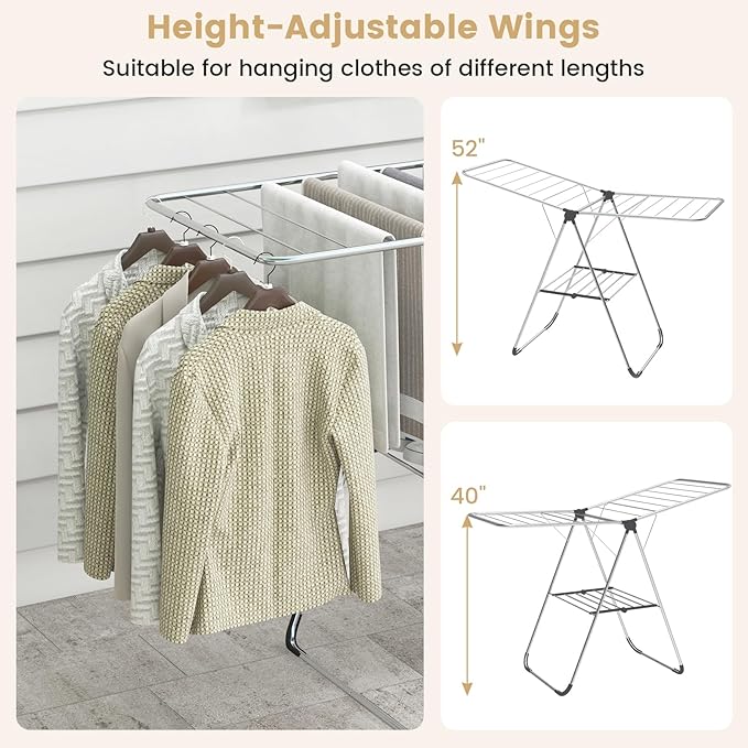 Tangkula Collapsible Clothes Drying Rack, 2-Level Folding Aluminum Drying Rack w/Height-Adjustable Wings, Bottom Shoe Rack, Space-Saving Laundry Drying Rack for Indoor & Outdoor Use, Silver
