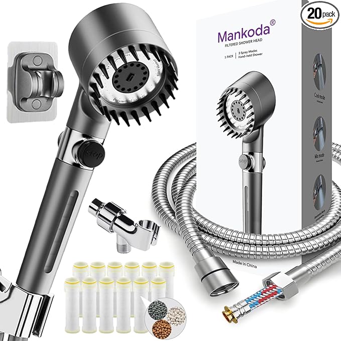 Filtered Shower Head with Handheld, 12 Replacement Filters for Hard Water & Chlorine Removal, 75" High Pressure Anti-Burst Hose, Power Wash for Deep Cleaning & One-Button Pause Switch for Kids & Pets
