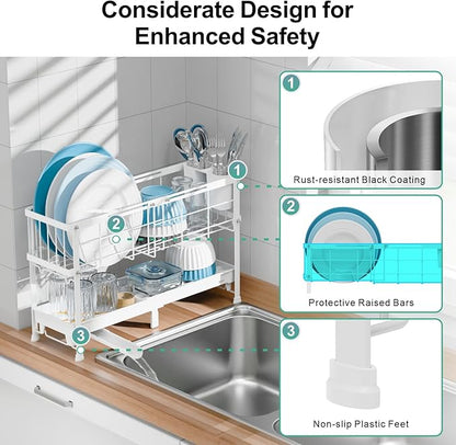 GSlife Narrow Dish Drying Rack - Expandable Small Dish Rack for Kitchen Counter, 2 Tier Adjustable Capacity (15.7''-20.7''L) Dish Drainer Rack with Removable Cutlery Holder, White