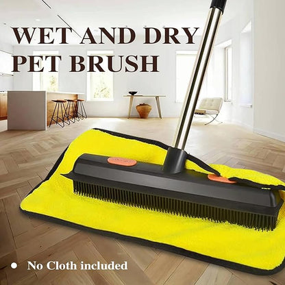 Pet Rubber Broom with 49inch Long Handle, Portable Detailing Lint Remover, Soft Push Broom for Fluff Carpet, Hardwood, Tile, Window (Black)