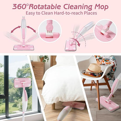 Hilsoeet Kids Spray Mop Pink, Real Working Water-Spraying Toy, Montessori Mini Mop with 2 Microfiber Washable Pads, Toddler Cleaning Set for Floor, Christmas Birthday Gifts for Age 3 4 5 6 7 8