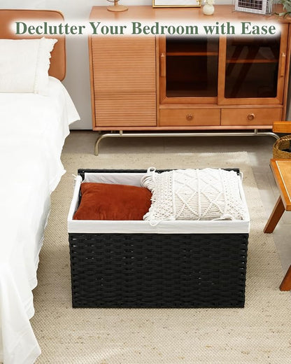 Storage Basket with Lid Wicker Baskets for Storage with 2 Separate Lid 42.3 Gallon (160 L) 29.9 x 17.3 x 18.1 Inches Rattan Woven Large Wicker Basket with 2 Liners for Bedroom Laundry Black