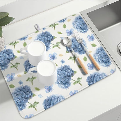 Spring Summer Hydrangea Dish Drying Mat for Kitchen Counter 18 x 24 Inch Blue Floral Dish Drainer Mat Absorbent Microfiber Dish Rack Pad for Holiday Coffee Dining Bar Decor