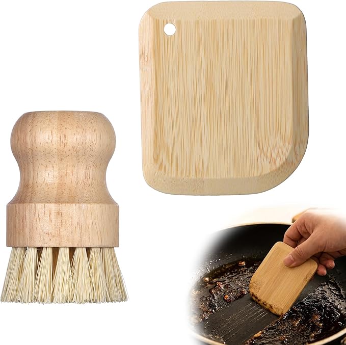 2 Pack Bamboo Dish Scrub Brush with Bamboo Pan Scraper Pot Scraper Non-Scratch Dish Scrapers Kitchen Cleaning Tools for Cast Iron Skillets, Cookware, Dishes, Pans Bowls, Plates and Pots