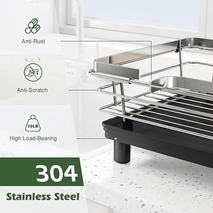 In Sink Dish Drying Rack, Expandable Over The Sink Dish Rack for Small Kitchen, Space Saving Stainless Steel Dish Drainer with Utensil Holder, 14.1"-21.2" L x 11"W, Small Plate Dryer Strainer, Silver