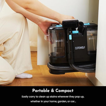 Cutewolf Portable Carpet and Upholstery Cleaner, Powerful Suction Carpet Cleaner with Dual Brush Heads, Deep Stain, Spot & Odor Remover for Carpets, Area Rugs, Couches, Auto Interior (Black)