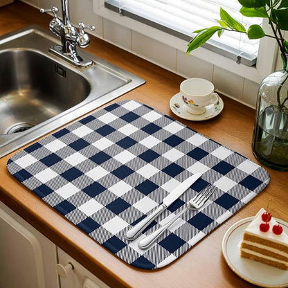 Dish Drying Mat Buffalo Plaid Dark Blue Check Drying Mats for Kitchen Counter Farmhouse Style Absorbent Microfiber Dish Drainer Quick Drying Coffee Mat with Hanging Loop, 18 x24 inch