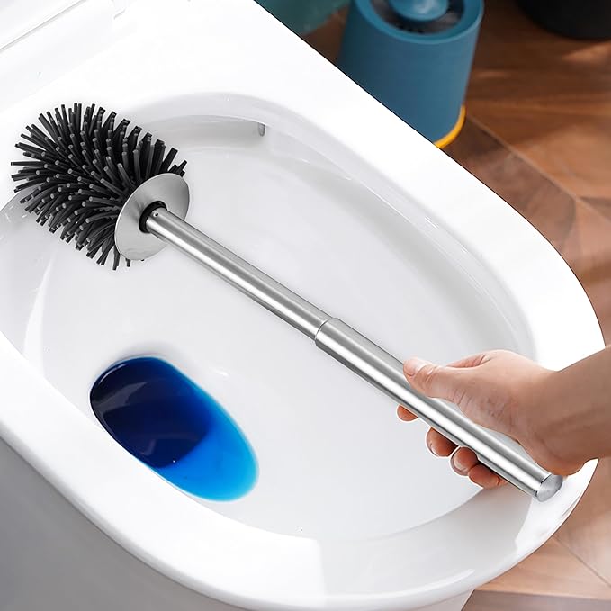 SUS304 Stainless Steel Toilet Brush and Holder Silicone Bathroom Brush TPE Brush Head Toilet Cleaner for Bowl Bathroom Cleaning Brush Caddy Cepillo de Baño Brushed Silver