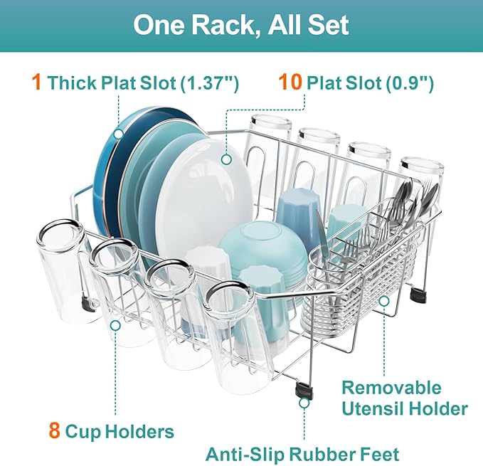 GSlife Small in Sink Dish Drying Rack - Stainless Steel Compact Dish Drainer for RV Kitchen Apartment Sink, Rust Resistant Inside Sink Rack, 1–2 Person Households, 13.1" W x 14.4" L, Silver