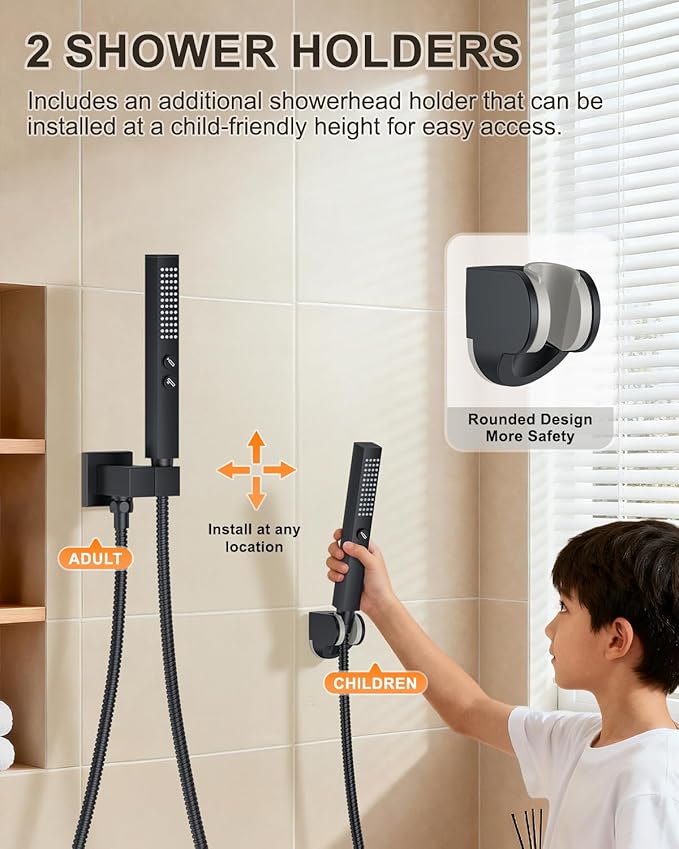 Shower System with Tub Spout, Wall Mounted Bathtub Shower Faucet Set, 12" Rainfall Shower Head and Handheld Shower Combo, High Pressure Shower Fixtures Set with Rough-in Valve, Matte Black